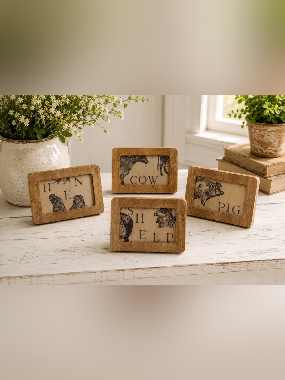 Set of 4 Rustic Farm Animal in Wooden Frames.